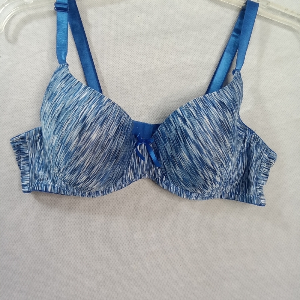Mottled Blue Full-Coverage Bra‎ with Decorative Detail